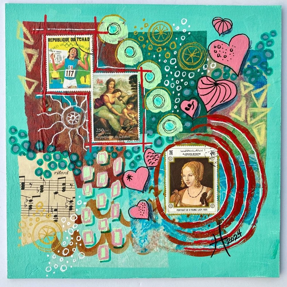Young Ladies - Original Mixed Media Wall Art Collage Painting 8x8in Frame Ready